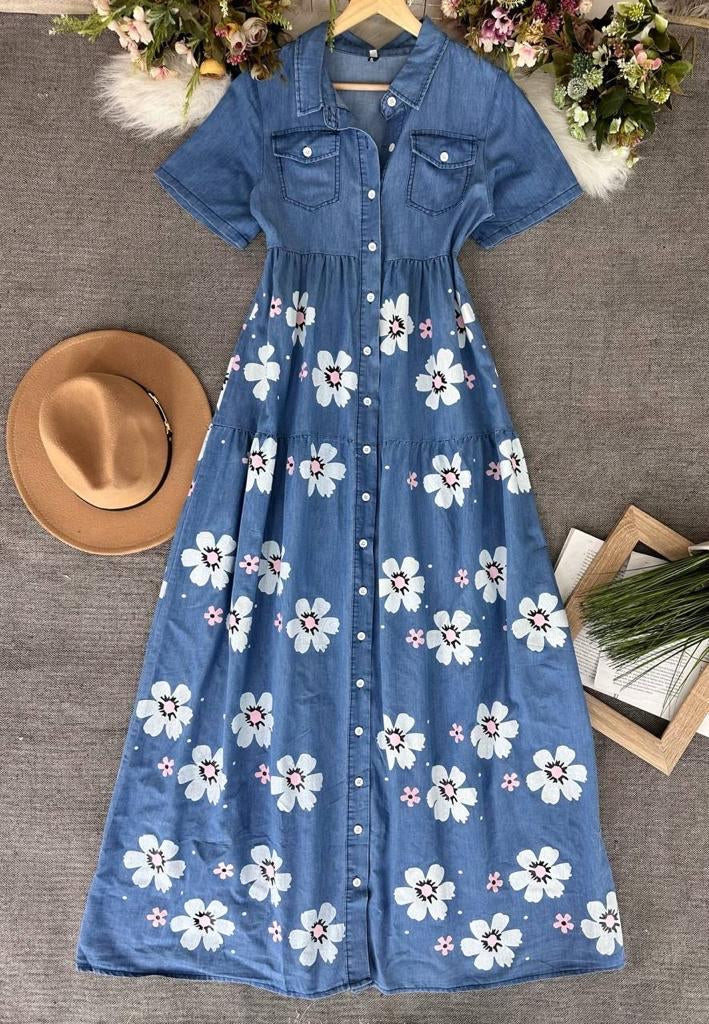 Flower Denim Maxi Dress